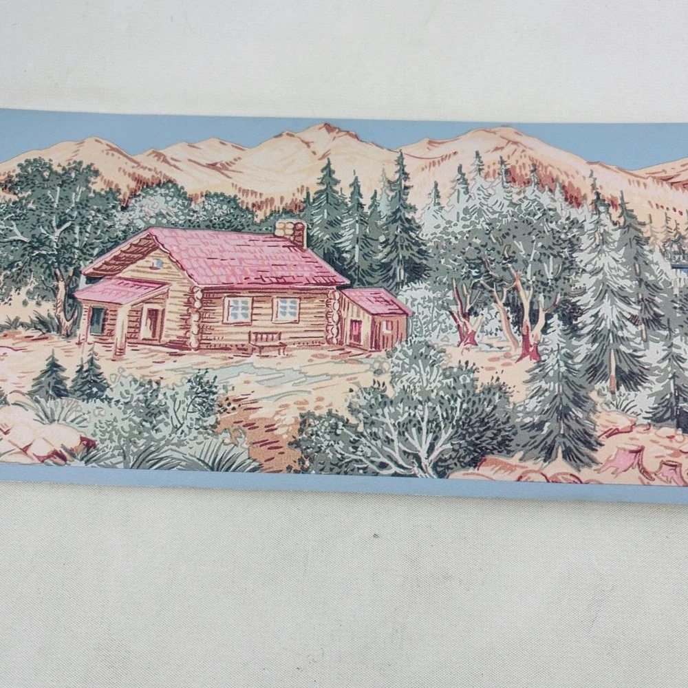 D.W. Wallcovering Rustic Cabin Mountain Lake Deer Canoe Border Pre-Pasted 4yd